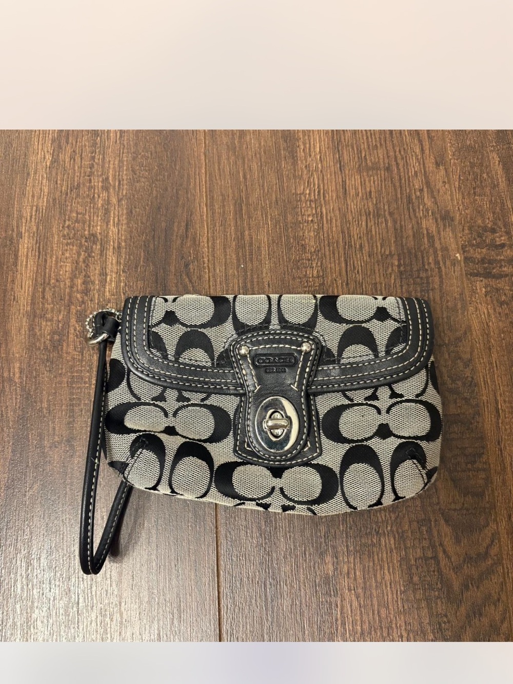 Coach Black and Gray Signature Canvas Wristlet Clutch